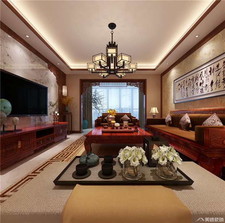 长沙阳光丽城中式装修案例-客厅