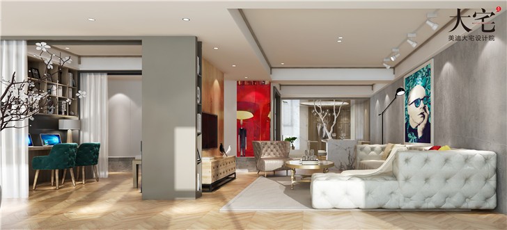 龙湖湘风原著工业风210平装修案例—客厅