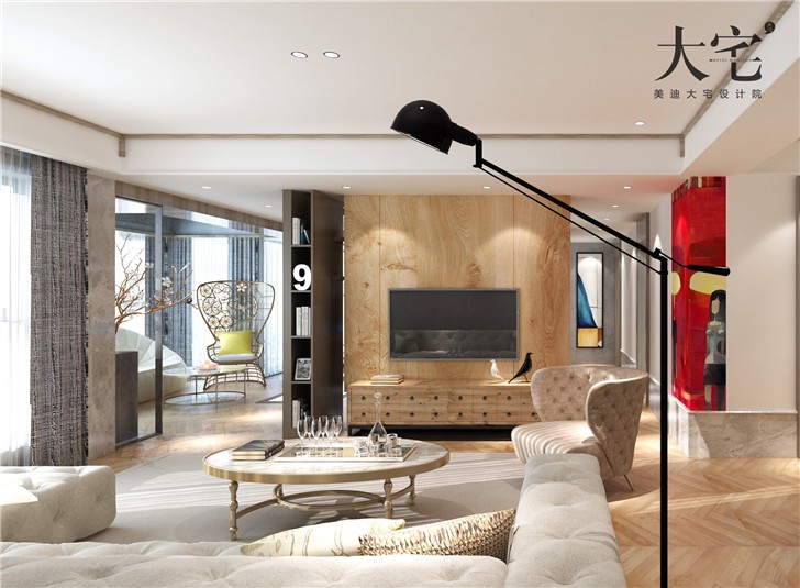 龙湖湘风原著工业风210平装修案例—客厅