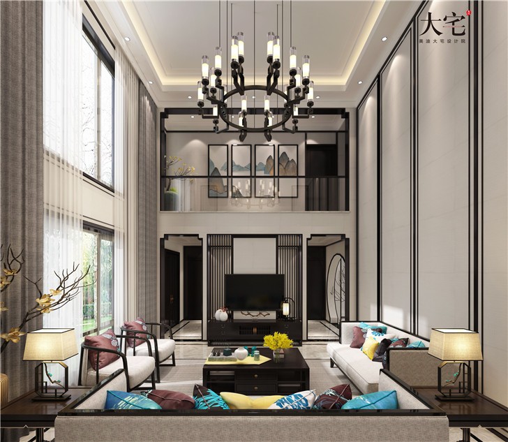 天麓尚层250平别墅东方雅韵风装修案例图—客厅