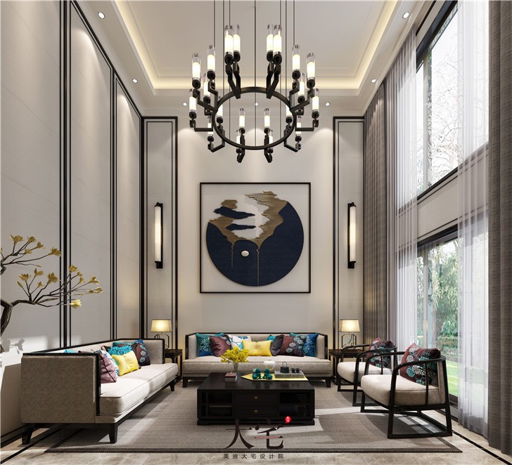 天麓尚层250平别墅东方雅韵风装修案例图—客厅