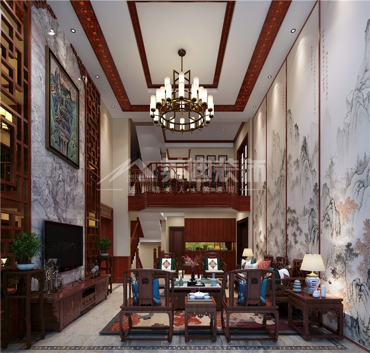 山湖鹭岛中式风装修案例图—客厅