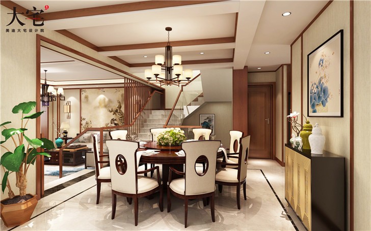 麓山别墅306平新中式风装修案例图—餐厅