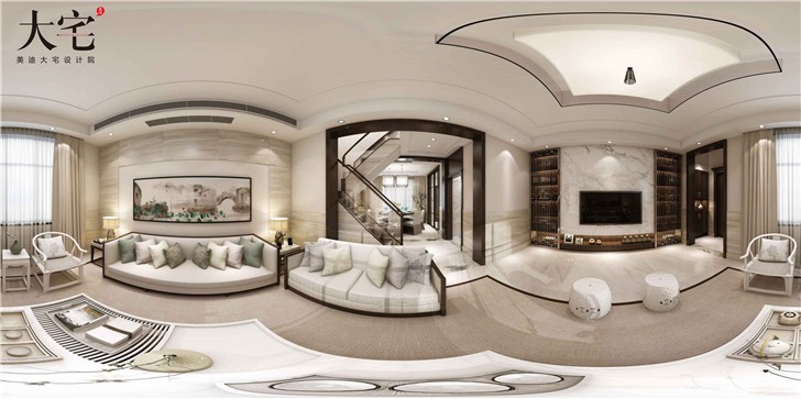 金地三千府347平新中式风装修案例图—客厅