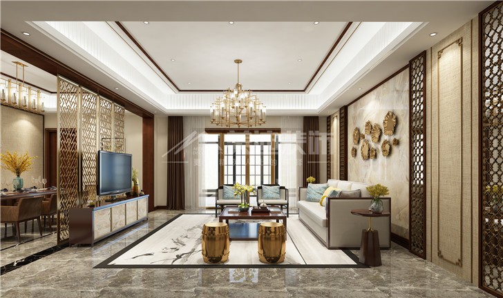 江河中央洋房252平欧式风装修案例图—客厅