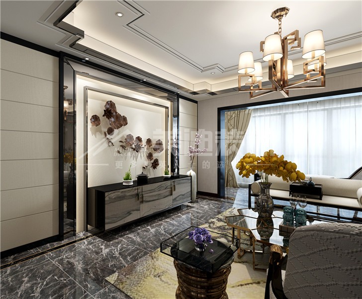 晟通牡丹舸144平新中式风装修案例图—客厅