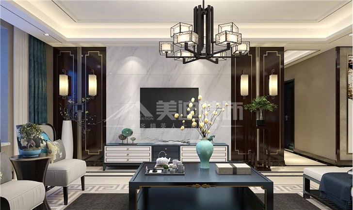 恒基凯旋门142平中式风装修案例图—客厅