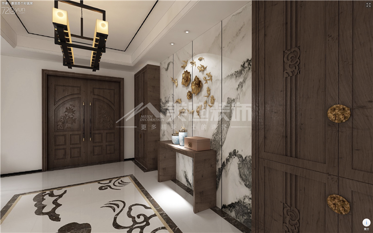 北辰中央公园132平新中式风装修案例图—过道