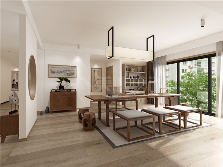 青园小区130平新中式风装修案例图—客厅