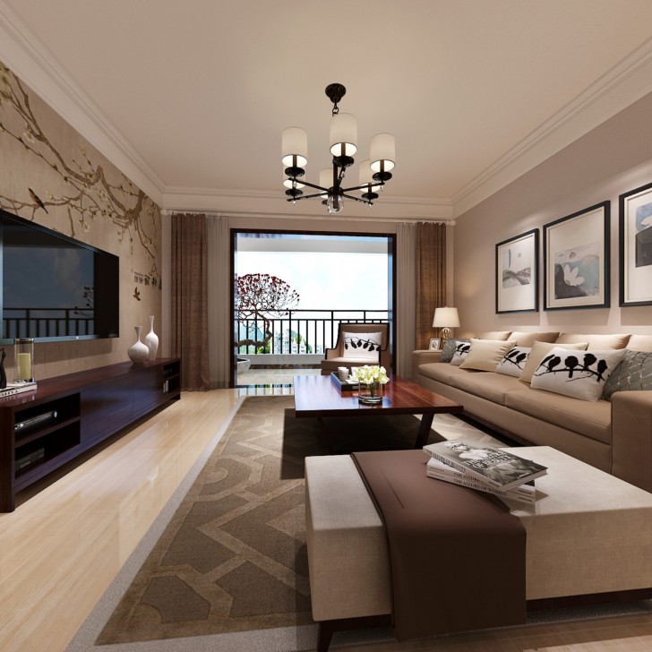 名家翡翠花园113平新中式风装修案例图—客厅