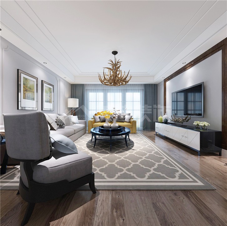 枫雅名苑135平新中式风装修案例图—客厅