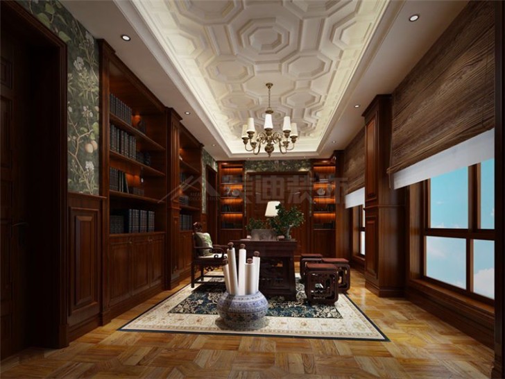 碧桂园800平美式风装修案例图—书房