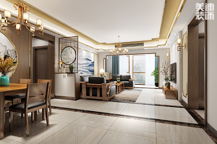 湘江学府新中式150平米装修效果图--客厅