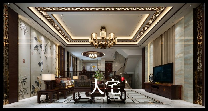 岳阳棠溪人家400平米新中式风格效果图--客厅