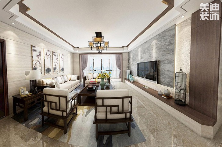 御景东方138㎡新中式装修效果图-客厅
