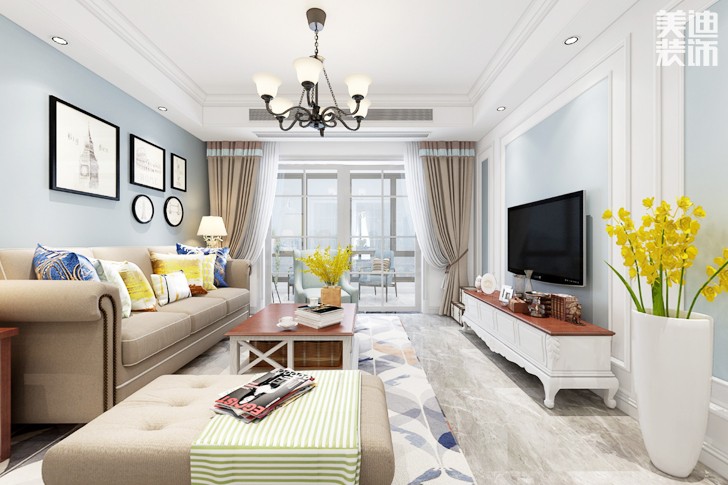 明发国际城115平米美式田园风格案例效果图--客厅