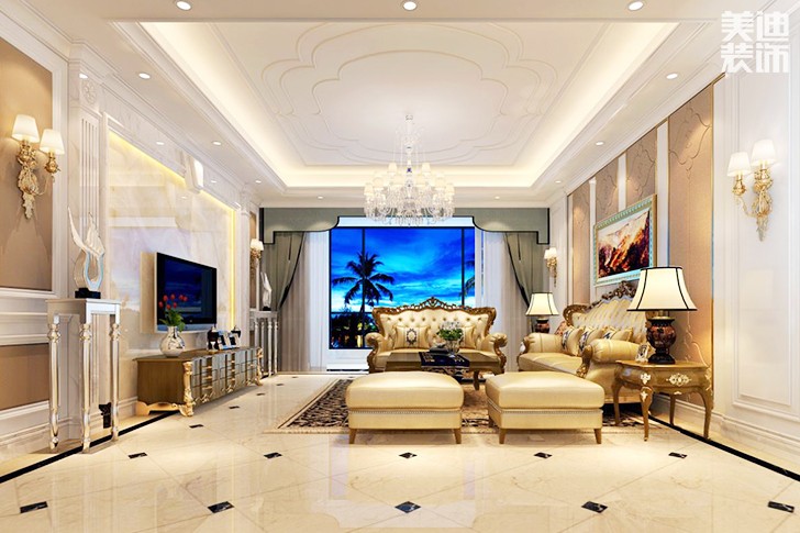 金茂梅溪湖136平方欧式风格案例效果图--客厅