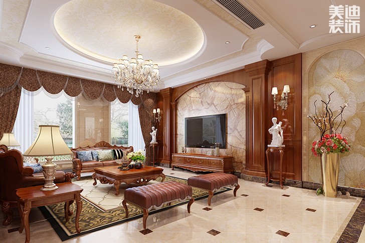 花明楼360平米美式混搭案例效果图--客厅