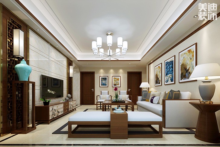 金钟·时代城135平米中式风格案例效果图-客厅