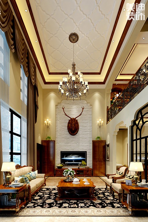 岳阳美浓小镇300平别墅欧式装修风格效果图--客厅挑空镜头1