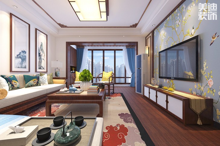 紫金湾160平米新中式案例图--客厅