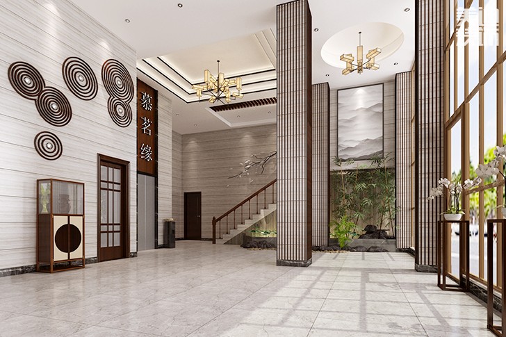 西维咖啡慕茗缘店1800平米新中式风格效果图--茶楼大堂