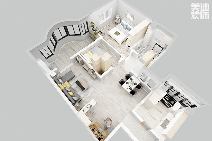 银园公寓89平米现代简约风格装修效果图--俯视图