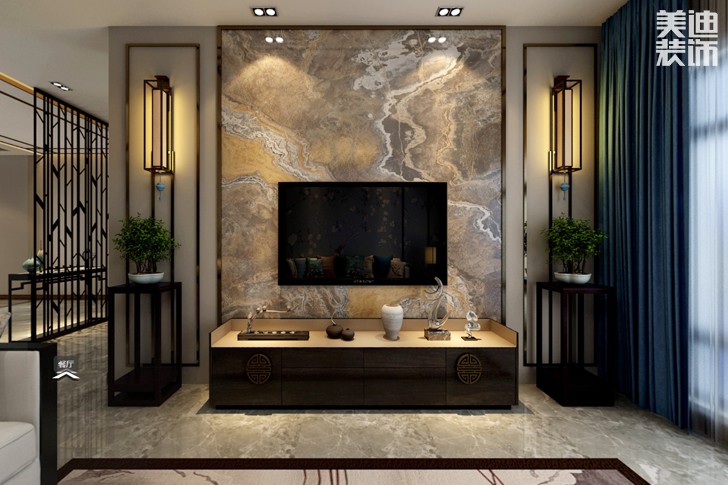 洋海塘160平米新中式风格装修案例实拍图--客厅