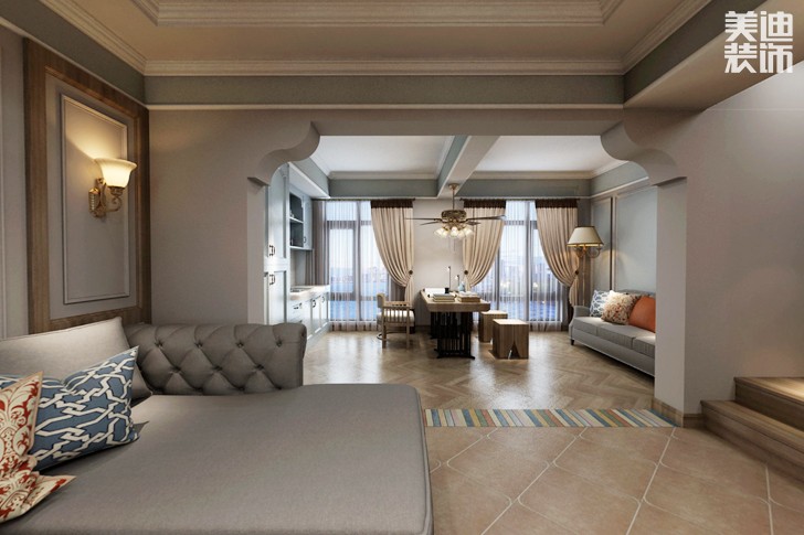 世茂铂翠湾150平米美式风格装修效果图--客厅