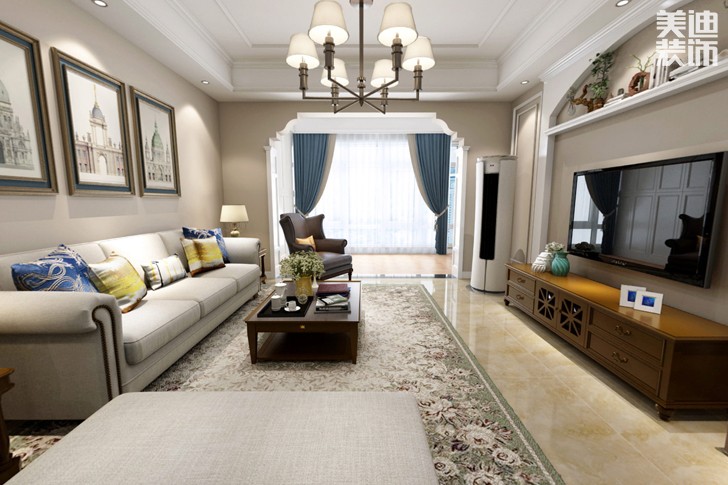 江河双水湾108平米美式风格装修效果图--客厅