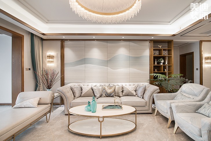 江山壹号180平米新中式风格装修案例实拍图--客厅