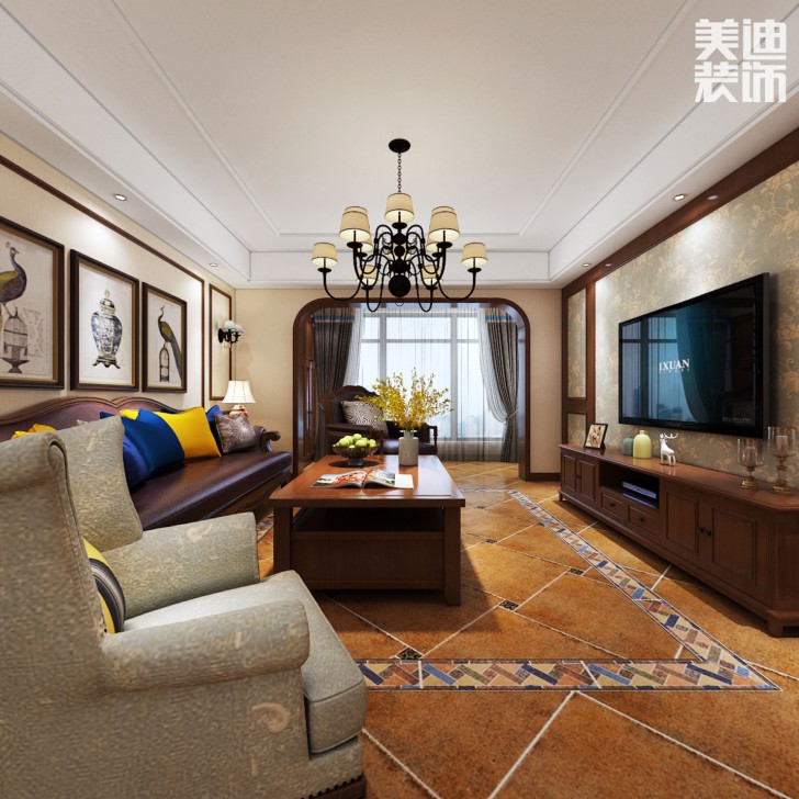 华润橡树湾140平米美式风格装修案例效果图--客厅