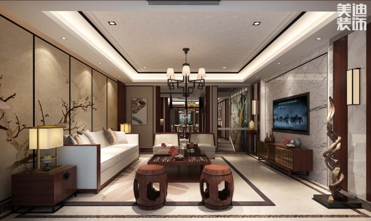 海伦春天460平米中式风格案例效果图--客厅