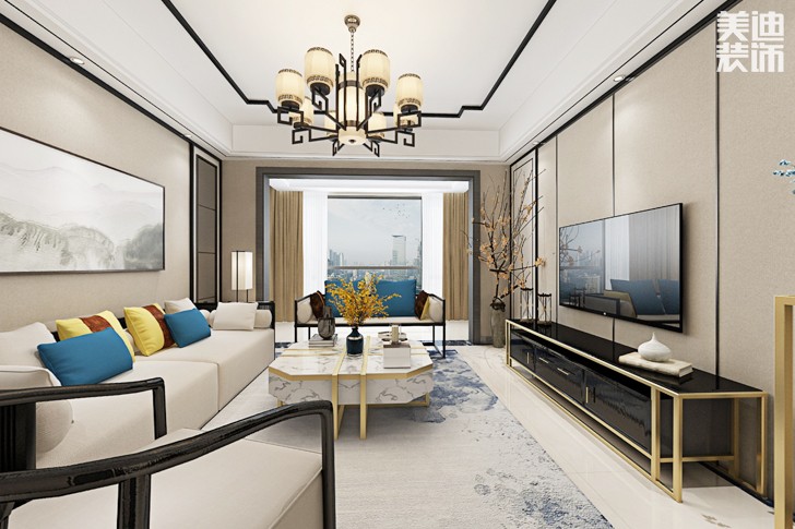 恒大御景天下130平米新中式风格装修案例效果图--客厅