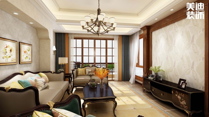 明昇壹城128平方米美式风格案例效果图--客厅