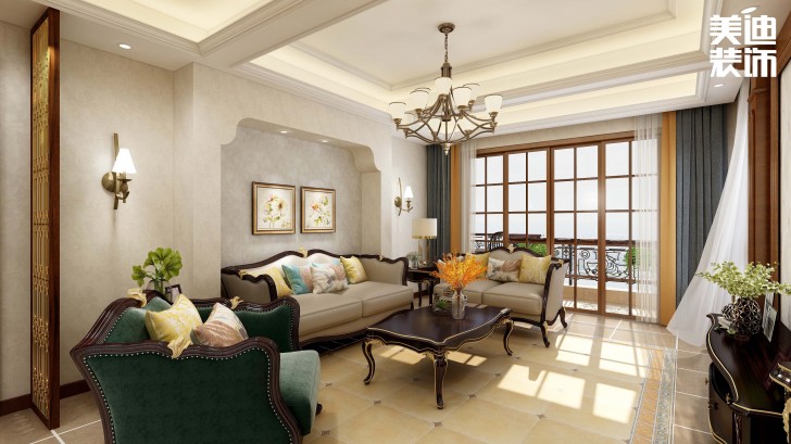 明昇壹城128平方米美式风格案例效果图--客厅