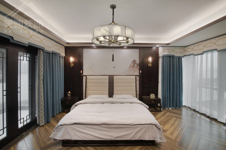 北辰定江洋285平米新中式风装修案例实拍图-卧室