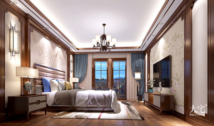 青竹湖闻莺苑800平方米新中式风格案例效果图-卧室
