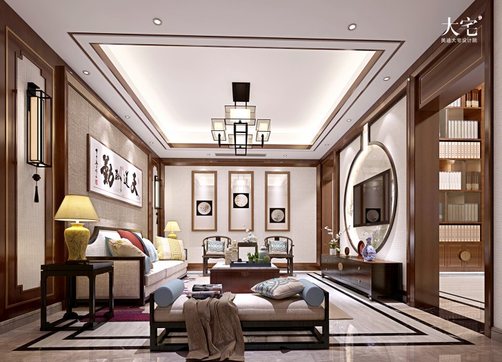 青竹湖闻莺苑800平方米新中式风格案例效果图-起居室
