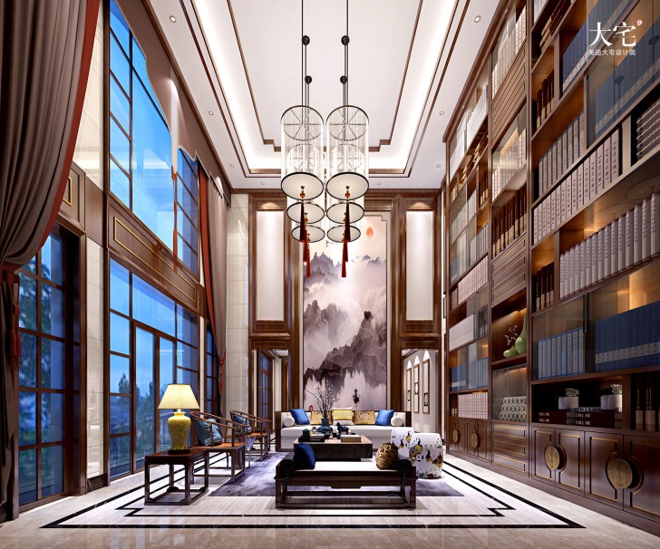 青竹湖闻莺苑800平方米新中式风格案例效果图-客厅