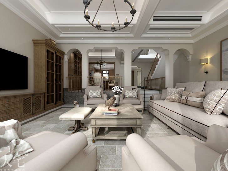 水印加州300平方米美式风格案例效果图-客厅