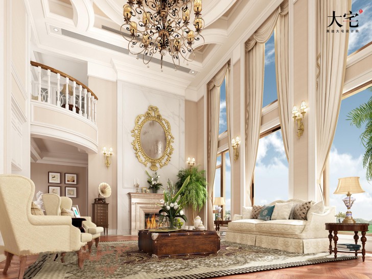昆仑和府1300平方米美式风格案例效果图-客厅