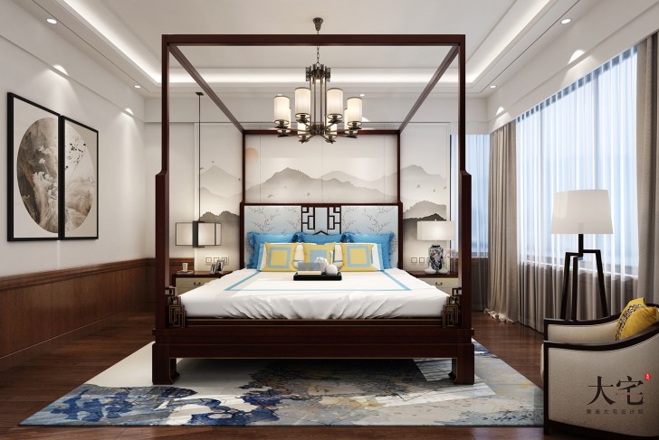 北辰三角洲170平方米新中式风格案例效果图-主卧