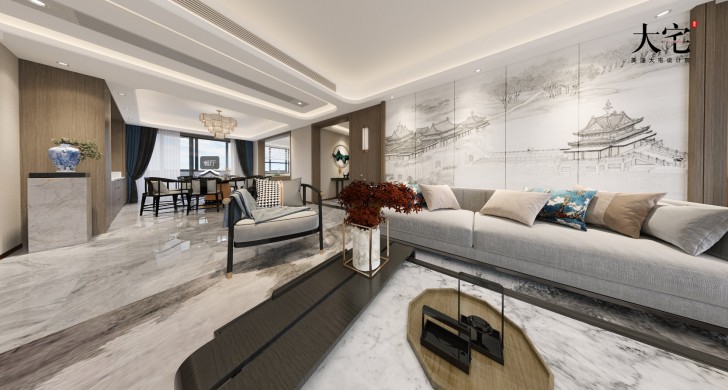 湘江壹号245平方米新中式风格案例效果图-客厅