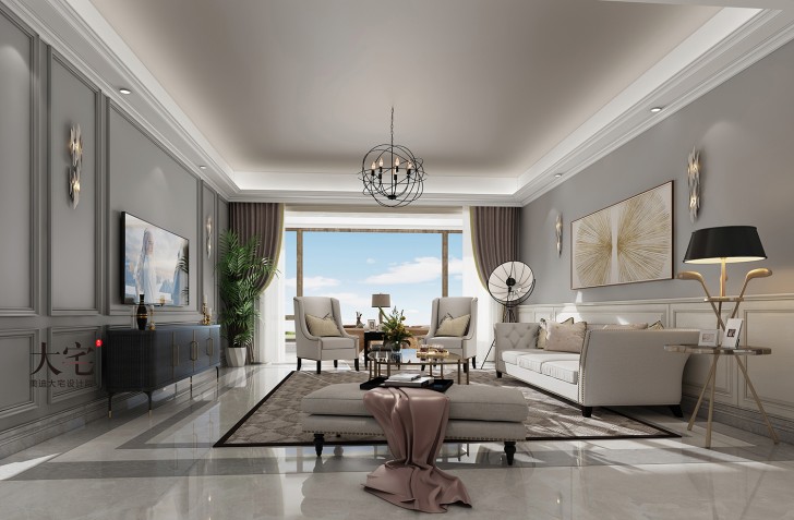 湘江壹号220平方米简美风格案例效果图-客厅