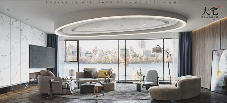 保利天禧240平方米现代极简风格案例效果图-客厅