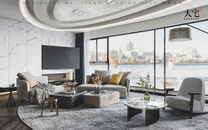 保利天禧240平方米现代极简风格案例效果图-客厅