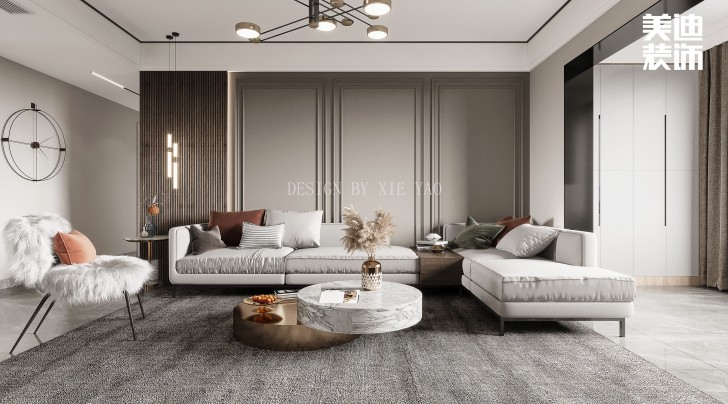 梅岭国际180㎡现代轻奢风格案例效果图—客厅