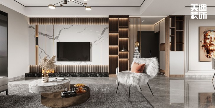 梅岭国际180㎡现代轻奢风格案例效果图—客厅