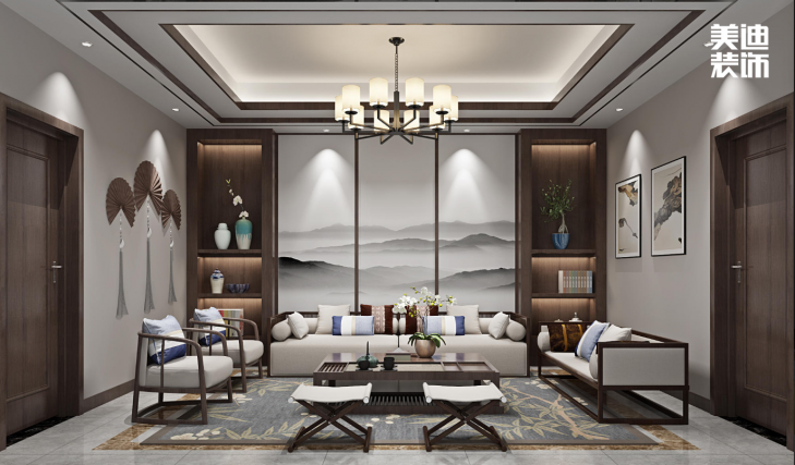 九龙领仕汇430㎡新中式风格案例效果图—客厅